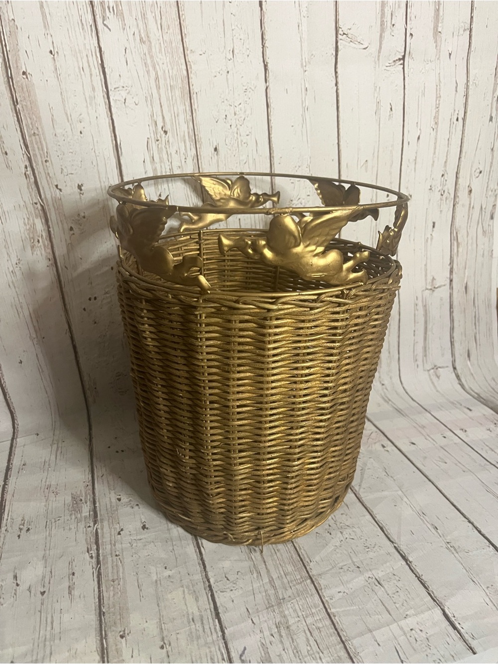 VTG Rattan Wicker Metal Cherub Angel Accent Trim Garbage Can Waste Basket Gold